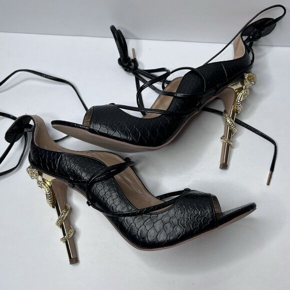 Shoedazzle BEANEE Black Faux Snake Skin Gold Snake Heels Women’s Size 12 FLAW - Picture 6 of 14